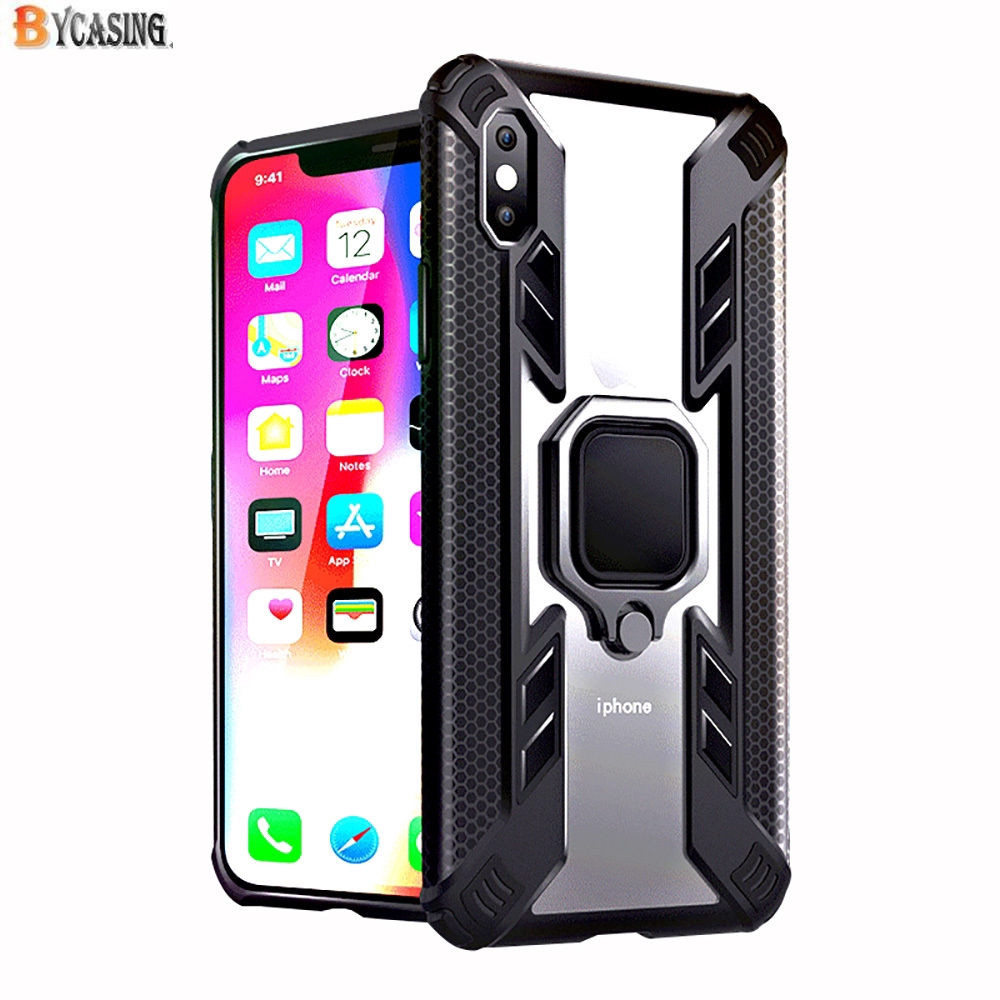 Ốp điện thoại nhựa cứng trong suốt với khuyên kim loại chống sốc cho iPhone XS Max XR iPhone 6 6S 7 8 Plus