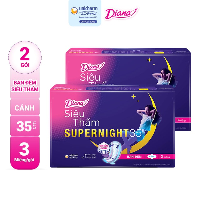 Bộ 2 gói băng vệ sinh Diana siêu thấm Supernight 35cm 3 miếng/gói