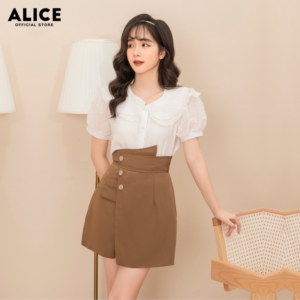 Áo Sơ Mi Trắng Nữ Cổ Bèo ALICE A204 Thiết Kế Dáng Suông Tay Bồng Ngắn Phối Cúc Ngọc