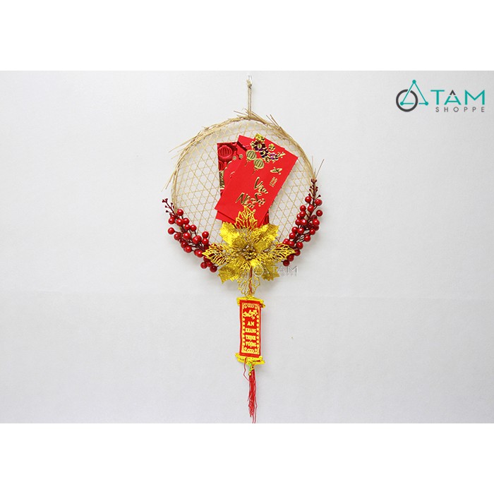 Vòng treo cửa Tết 3 bao lì xì dài cherry đỏ ĐK 30cm T-VTC-14