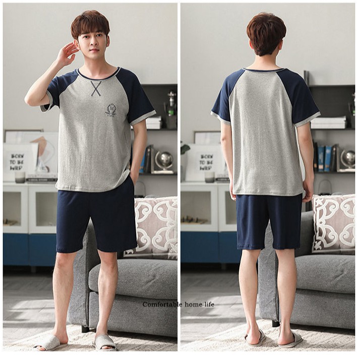 4XL cotton pyjamas, men's summer short sleeve shorts, pyjamas, teenagers, middle-aged loose-fitting, large-size fashion home suit