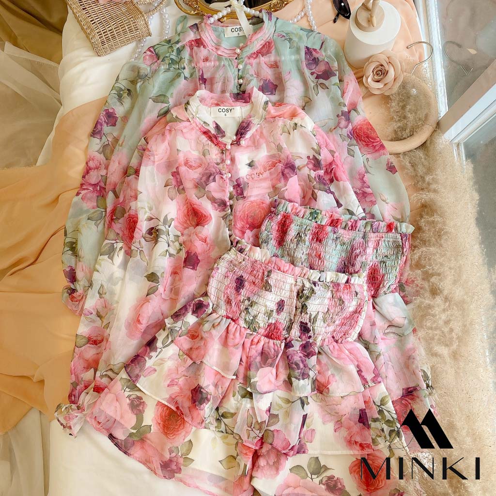 SET ÁO VOAN HOA KÈM LÓT CHÂN VÁY NHÚN - CHẤT LIỆU VOAN CAO CẤP - MÀU XANH / HỒNG | BigBuy360 - bigbuy360.vn