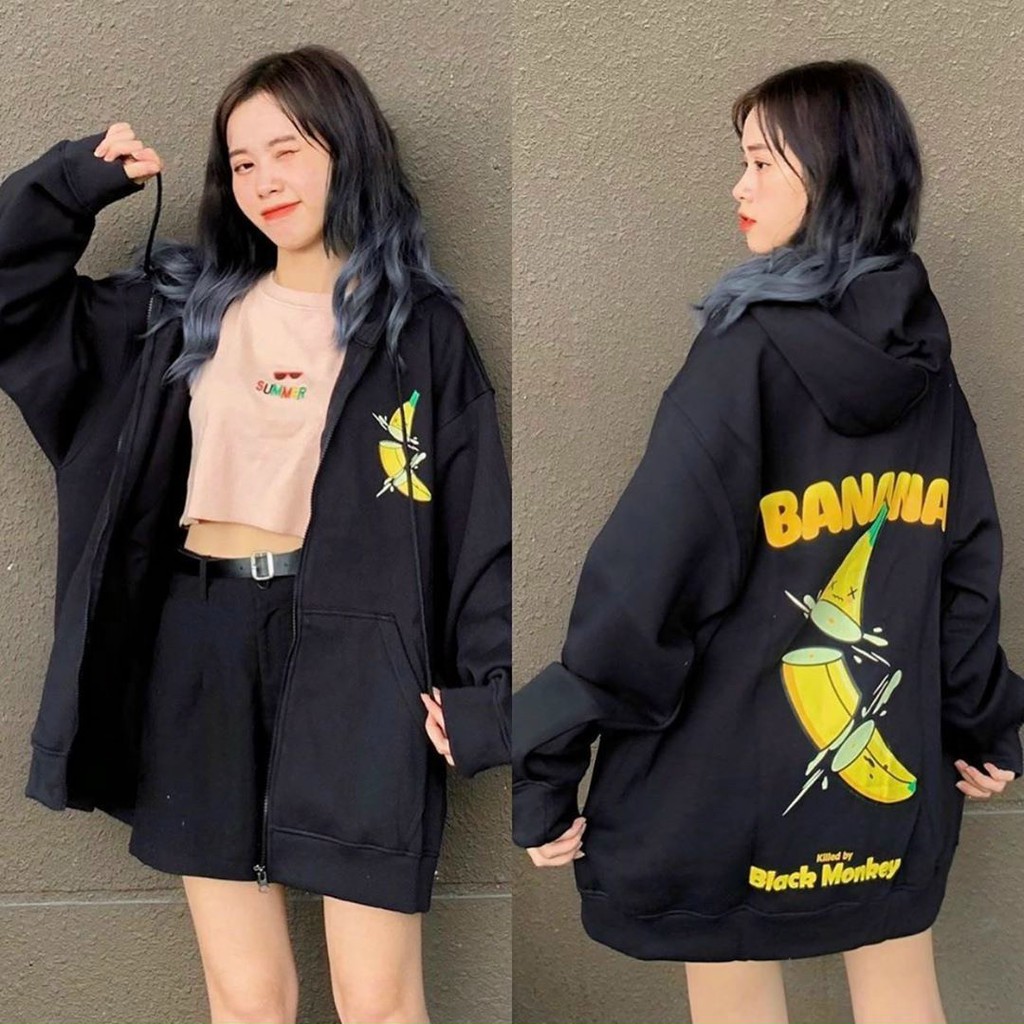 Áo khoác hoodie CHUỐI BANANA nỉ ngoại ulzzang đôi nam nữ unisex form rộng dây kéo zip dày giá rẻ đẹp