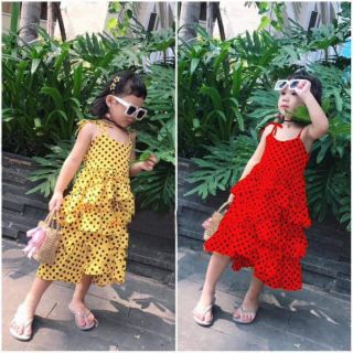 Đầm Bé Gái 2 Dây Phối Tầng Chấm Bi Xinh Xắn cho bé gái 9-20kg