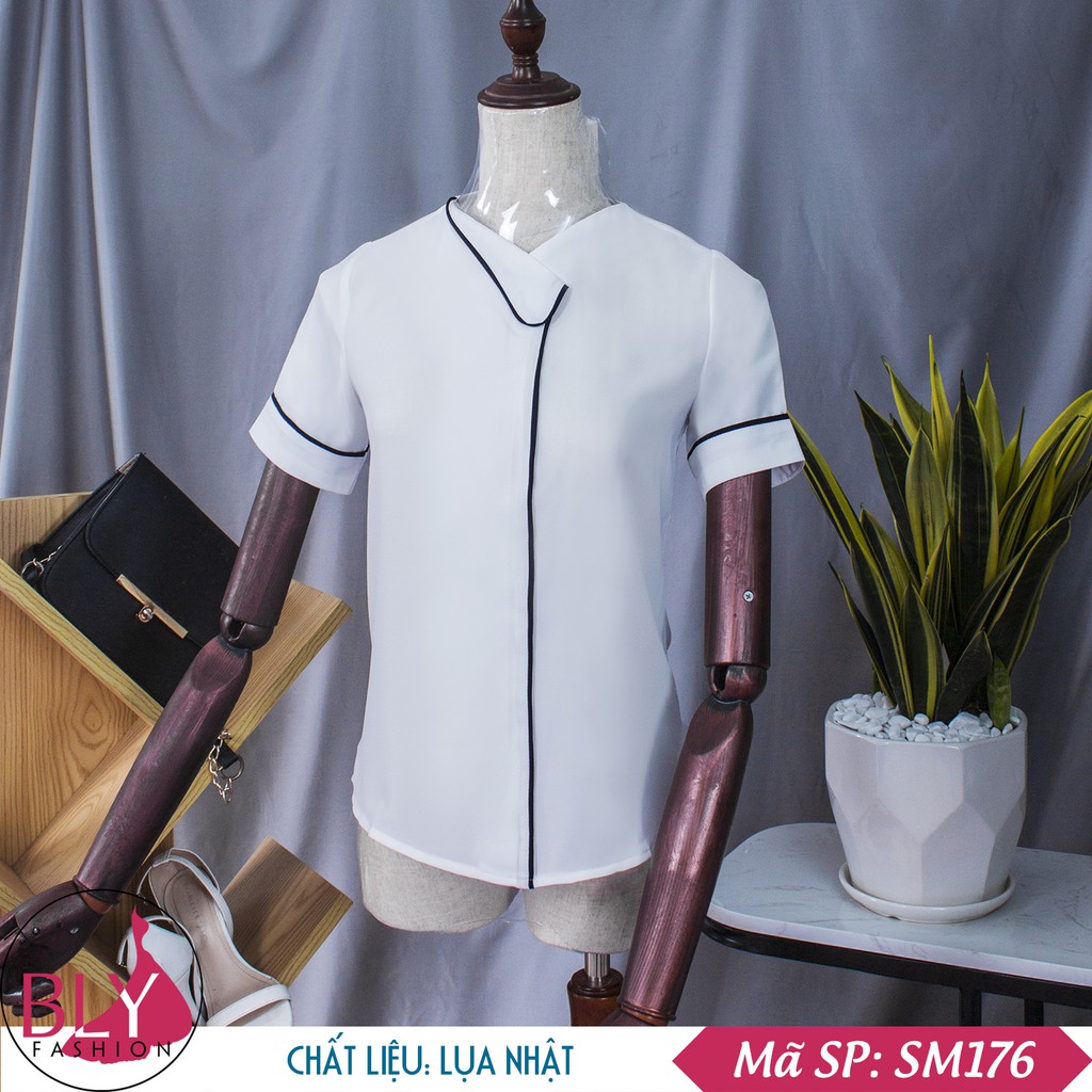 Áo sơ mi nữ cổ lệch màu trắng, tay ngắn công sở dáng suông, chống nhăn chống xù Bly Fashion Mã SP: SM176