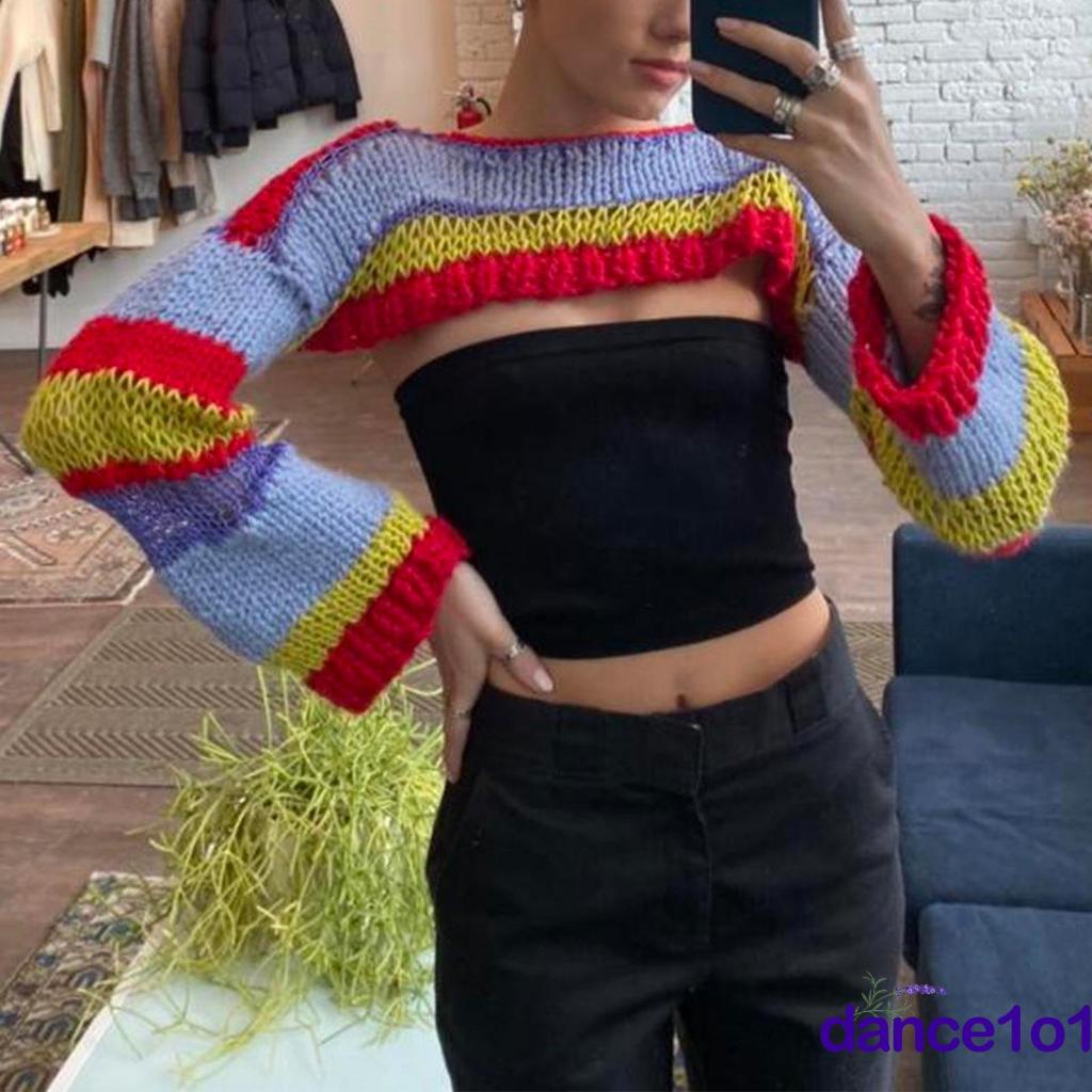 Áo Dệt Kim Tay Dài Họa Tiết Kẻ Sọc Màu Tương Phản Thời Trang Cho Nữ 1O1-