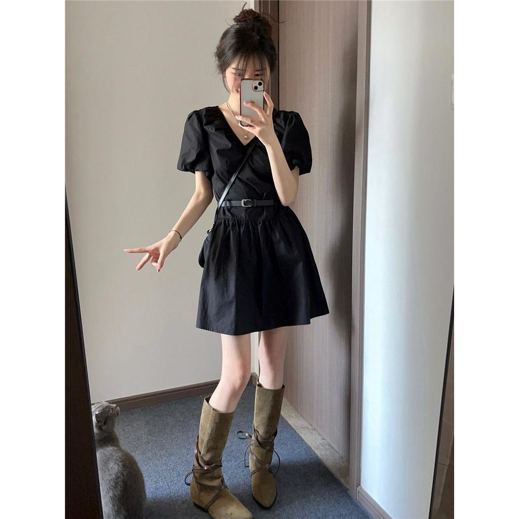 Đầm Đen Cổ Chữ V Eo Cao Dáng Ôm Có Thắt Lưng Thời Trang 63849