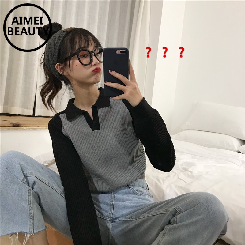 Áo croptop dệt kim dài tay phối màu cổ chữ V thời trang cho nữ | BigBuy360 - bigbuy360.vn