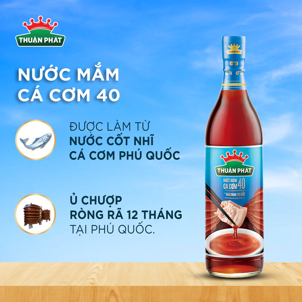 Bộ 1 Nước mắm cá cơm Thuận Phát 40 độ đạm 610ml + 1 Nước Mắm Thuận Phát Cá Cơm Than 740ml + 2 Sa tế tôm mực