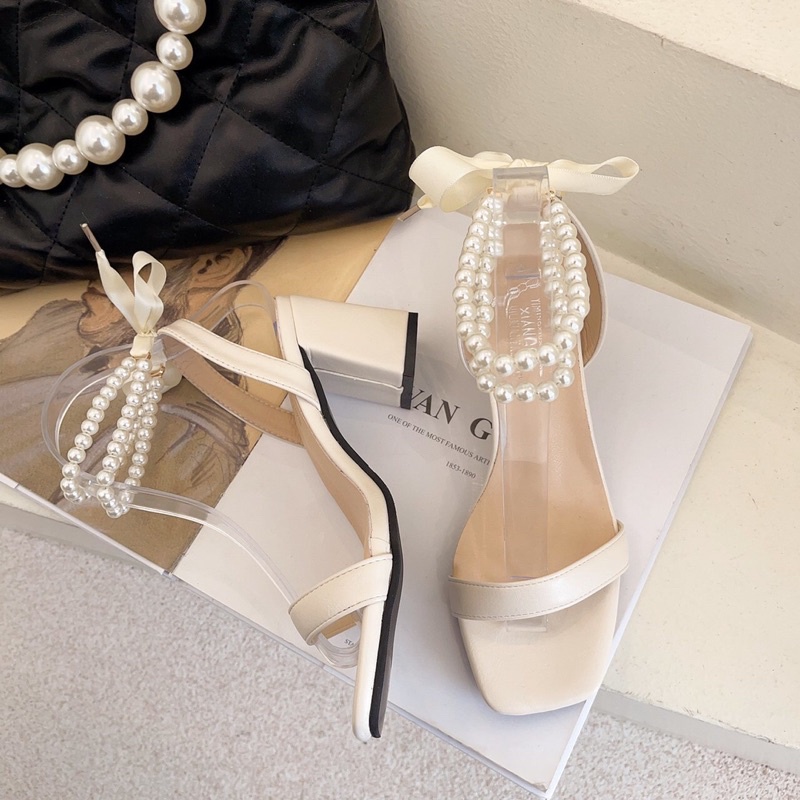 Giày sandanl nữ phối dây hạt cườm thắt nơ sau gót trụ 7cm sang chảnh mã S46