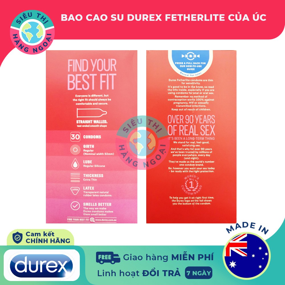 Bao Cao Su Durex Fetherlite Siêu Mỏng (Hộp 30 Chiếc) Hàng ÚC (Siêu Thị Hàng Ngoại)
