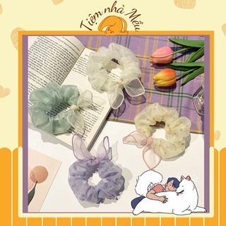 Scrunchies vải voan nơ chấm bi, dây buộc tóc xinh xắn dễ thương