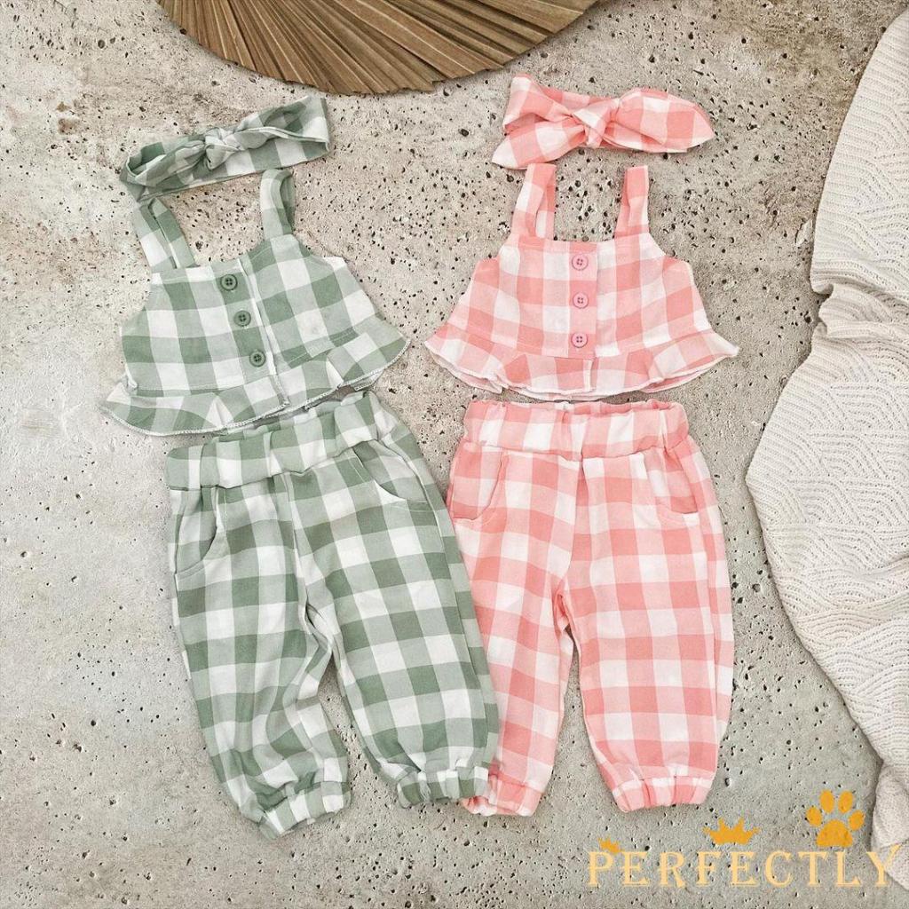 Bộ Áo Cổ Thuyền + Quần Dài Họa Tiết Sọc Caro Kèm Băng Đô Cài Tóc Thời Trang Cho Bé Gái 7 Tuổi