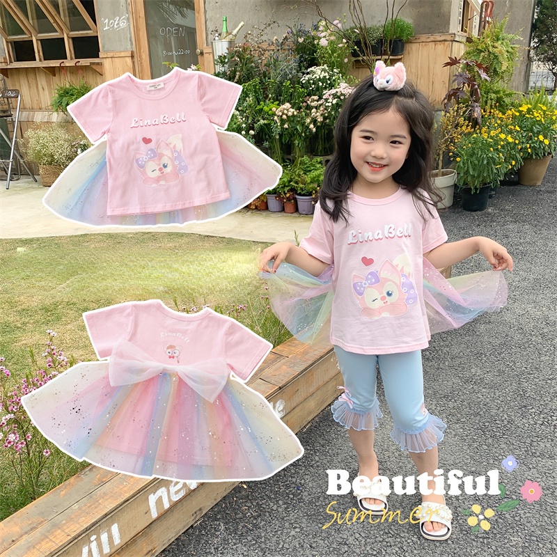 Áo Thun Lưới In Hình Thỏ Đính Nơ Lớn 2022 Thời Trang Cho Bé Gái