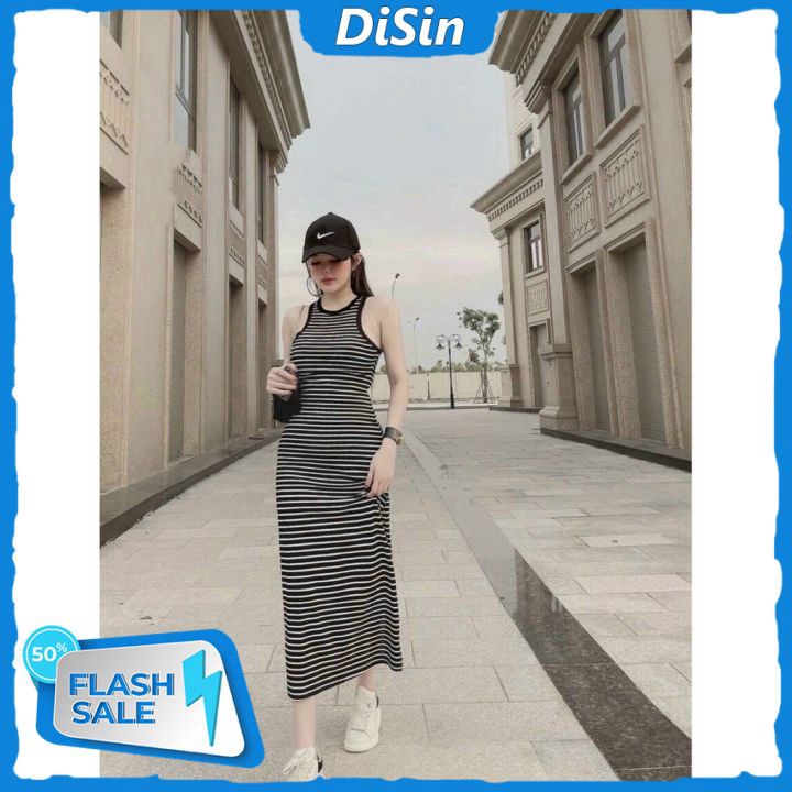 Đầm thun ôm body không tay cổ tròn kẻ sọc ngang 2 màu trắng đen