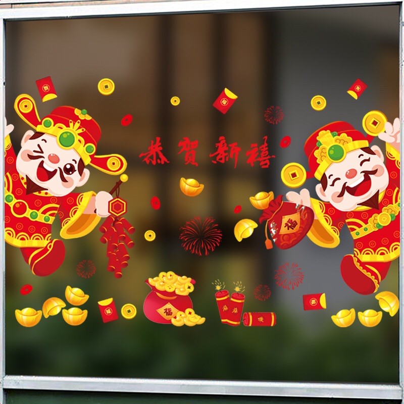 Decal Tết HÍT TĨNH ĐIỆN không dơ kính - 2 Thần Tài đốt pháo Mừng xuân