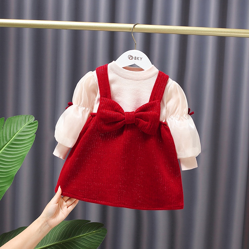 Bộ Áo Sơ Mi Dệt Kim Đính Nơ + Chân Váy Công Chúa Phong Cách Hàn Quốc Thời Trang Mùa Đông Cho Bé Gái