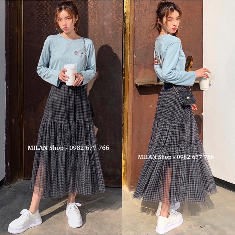Chân váy midi kẻ caro bồng bềnh xinh yêu | BigBuy360 - bigbuy360.vn