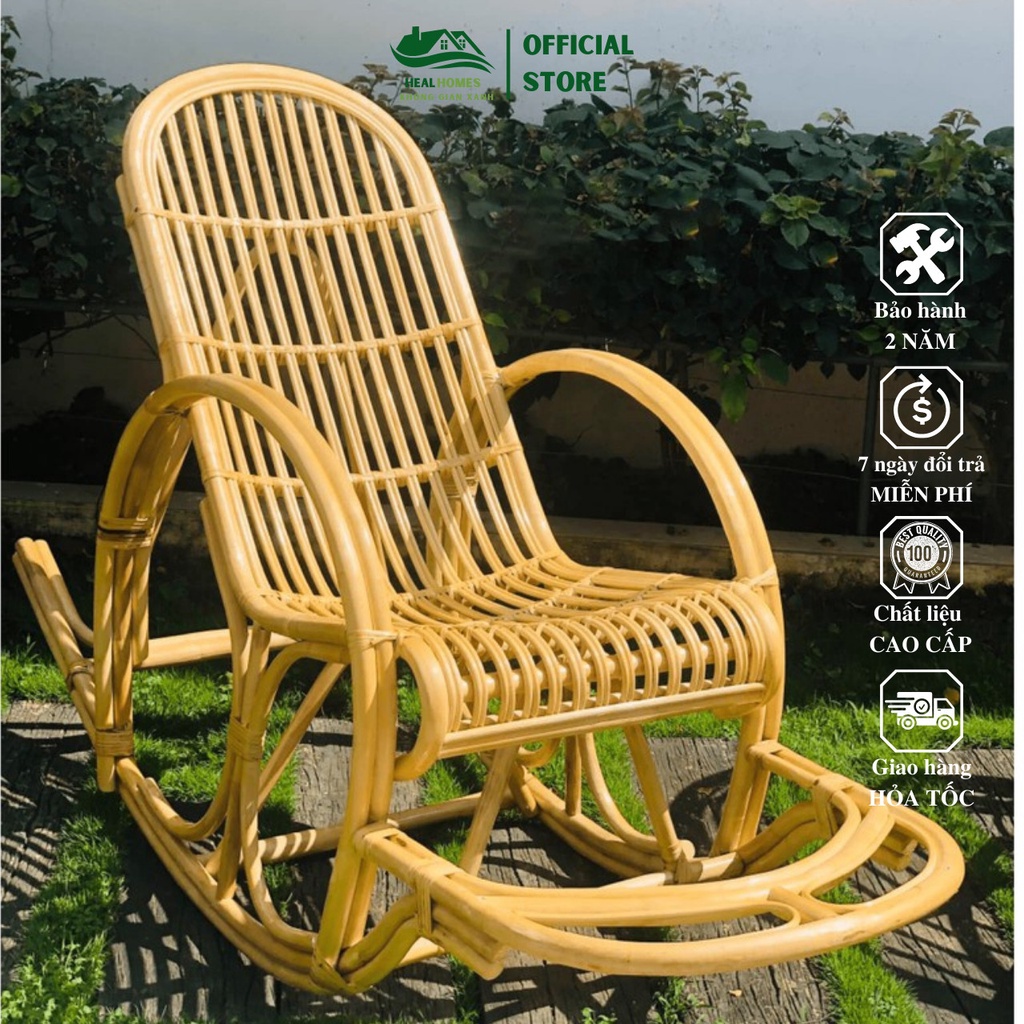 Ghế mây lười thư giãn bập bênh ngoài trời kèm nệm vải bố chuẩn kích thước dùng cho người lớn nằm đọc sách xem tivi
