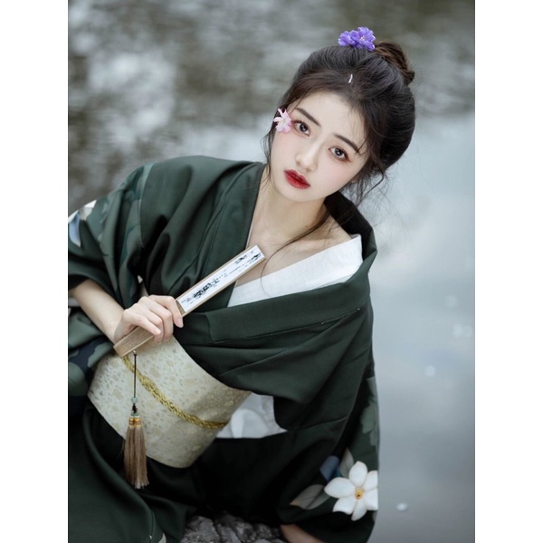 Kimono yukata nhật bản xanh lá đậm