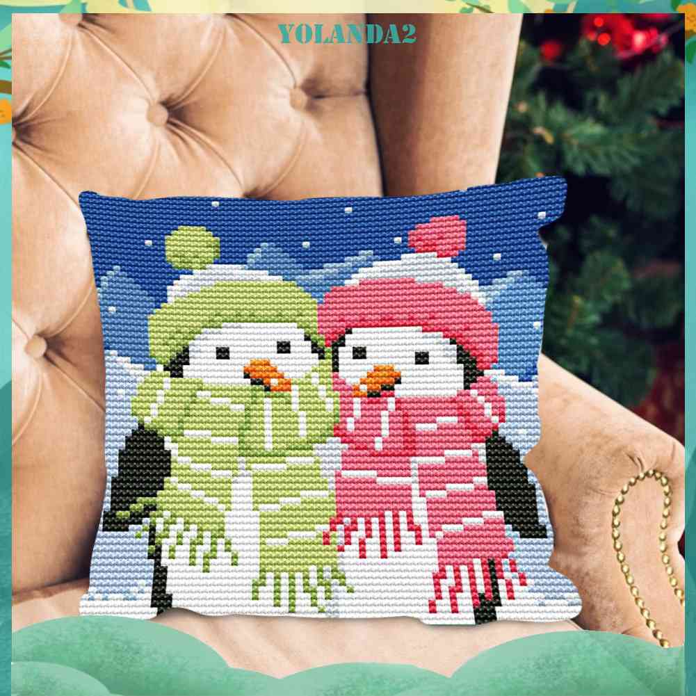 Vỏ Gối Thêu Chữ Thập DIY 11CT Hình Chim Cánh Cụt Xinh Xắn