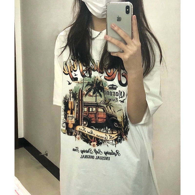 Áo Thun Tay Ngắn Cổ Tròn In Họa Tiết Vintage Thời Trang Cho Cặp Đôi