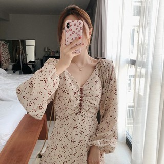 Váy chấm bi cổ V dọc khuy cổ điển dáng Ngắn/Dài