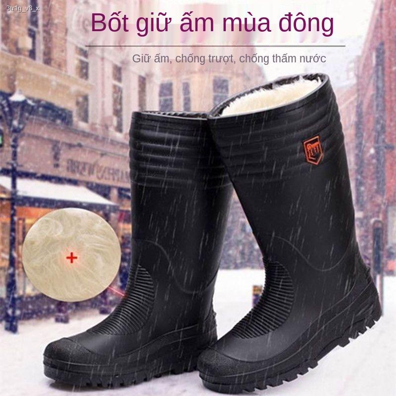 Giày đi mưa mùa đông cộng nhung ấm ủng cho nam và nữ ống cao chống trơn trượt bông nước su dày thấm bảo hộ lao động