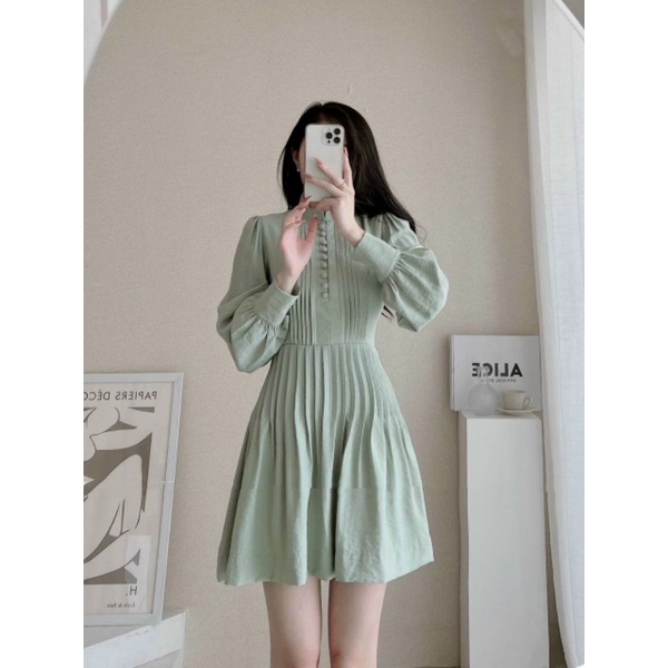 Váy dự tiệc xanh mint xếp ly eo cổ trụ cúc bọc siêu xinh