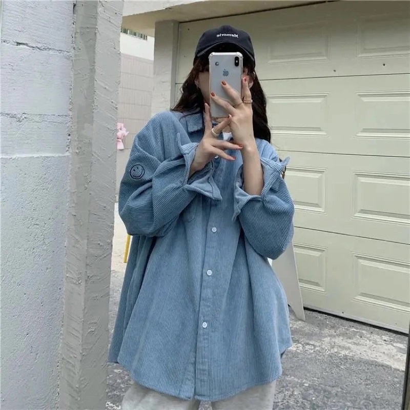 Áo Sơ Mi Nam Nữ Màu Hồng Xanh Dài Tay Chất Nhung Gân Tăm Thêu FACE Form Rộng Cài Cúc Phom Unisex Phong Cách Ulzzang
