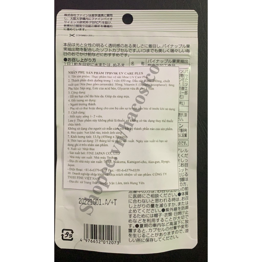 [Mã 66FMCGSALE hoàn 8% xu đơn 500K] Viên Uống UV Care Plus hỗ trợ chống Nắng Fine Japan Nhật Bản túi 30 viên | BigBuy360 - bigbuy360.vn