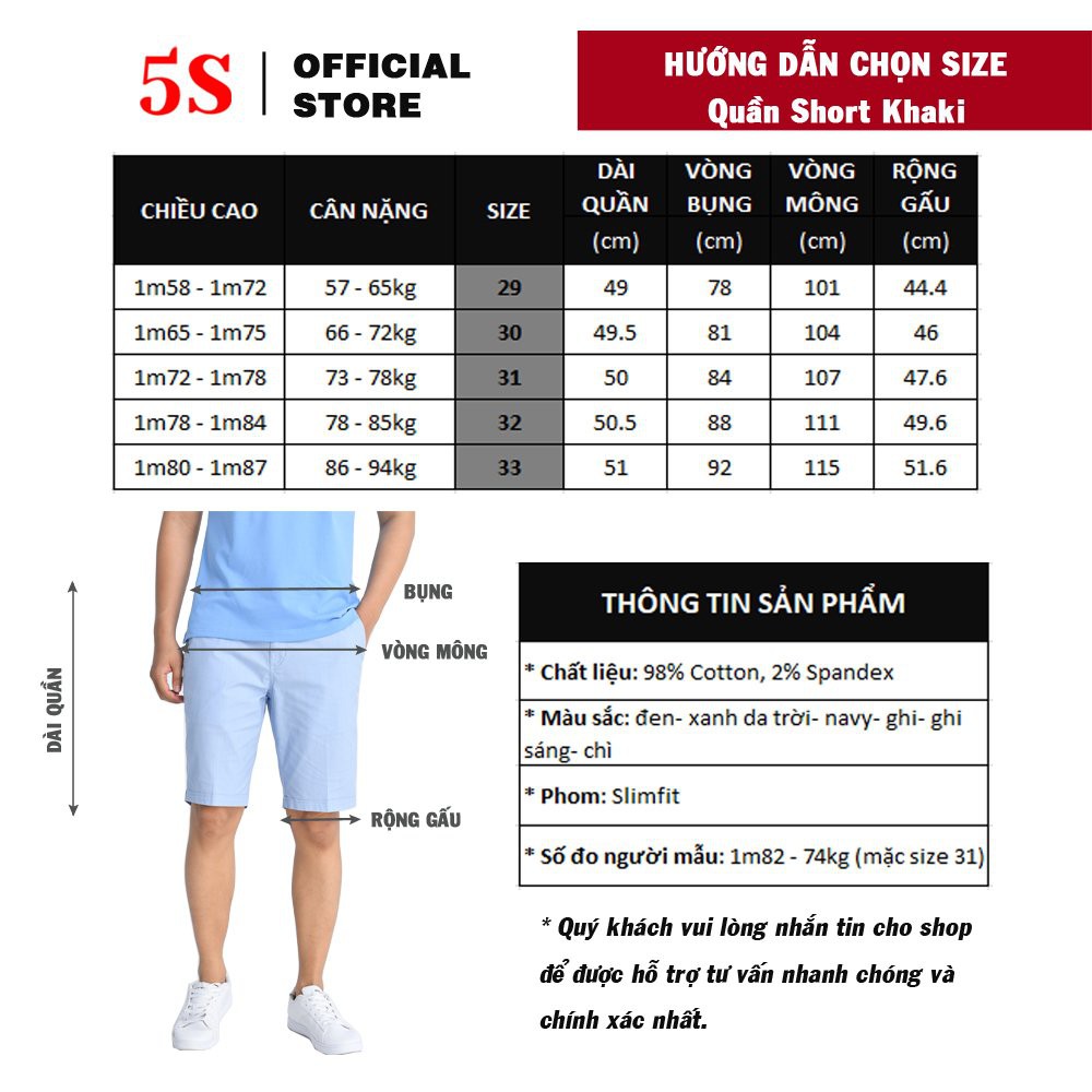 [MUA 2 GIẢM 30K] Quần Short Nam 5S (6 màu), Chất Liệu Kaki Cotton Premium Co Giãn Tốt, Lưng Cài Cúc Trẻ Trung (QSK21004)