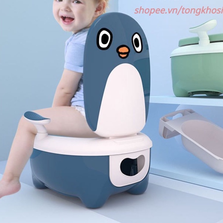(Bán Buôn Sỉ) Bô vệ sinh hình chim cánh cụt có tựa lưng, tay cầm cho bé