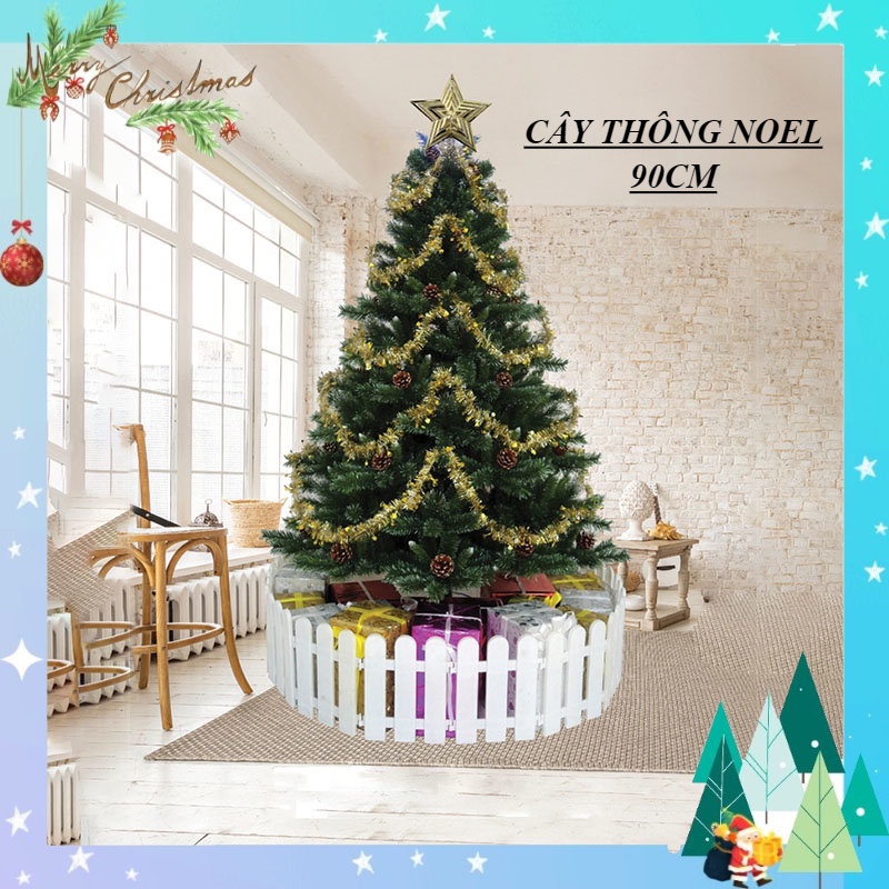 Cây thông noel 3 loại lá gắn trái thông, cây thông noel 90cm tán lá dày trang trí giáng sinh trong nhà ngoài trời