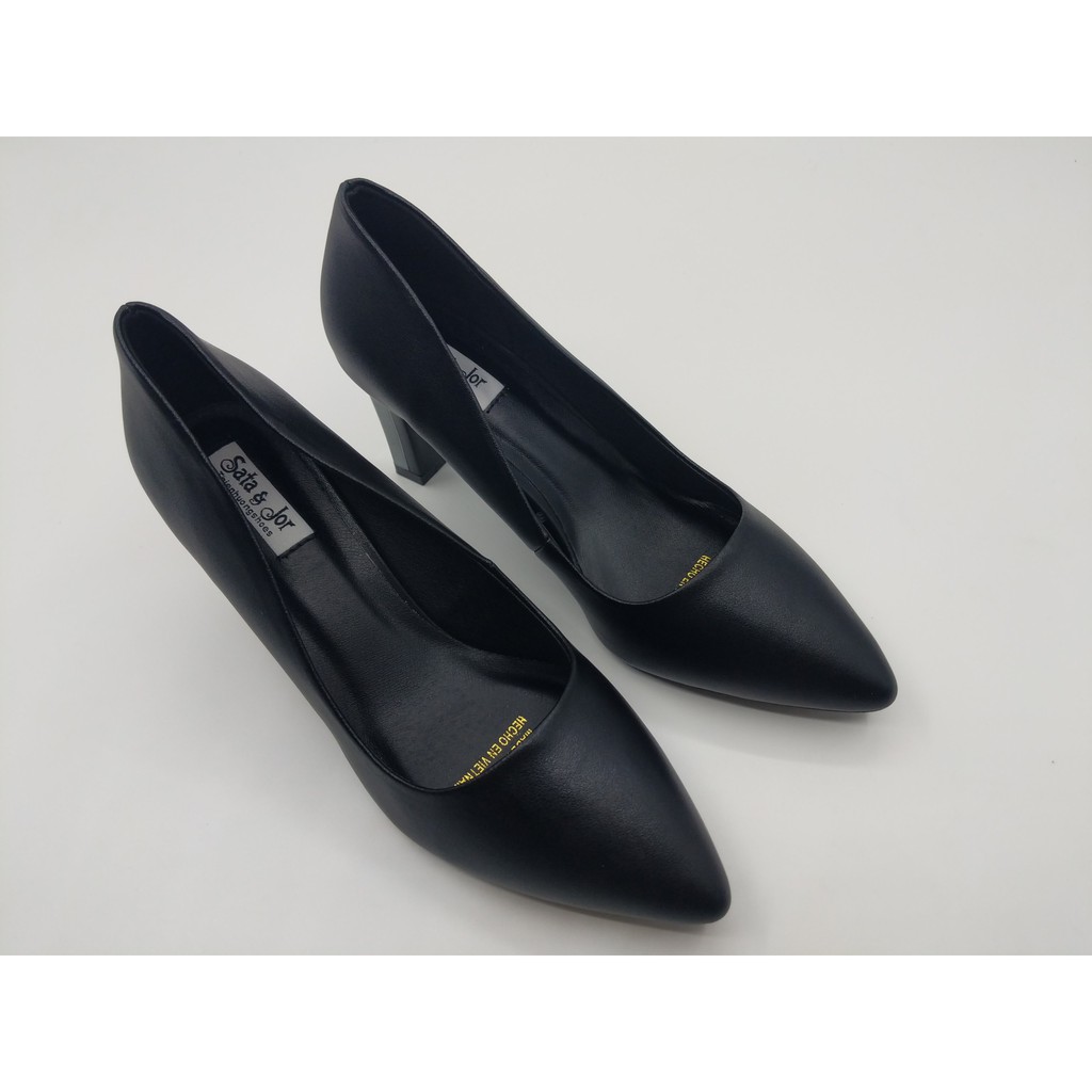 Giày Cao Gót Nữ SATA & JOR Mũi Nhọn Dáng Công Sở Gót Trụ Nhỏ Cao 7CM - Chất Da Mờ Đẹp Êm Chân Màu Đen - SJ0003