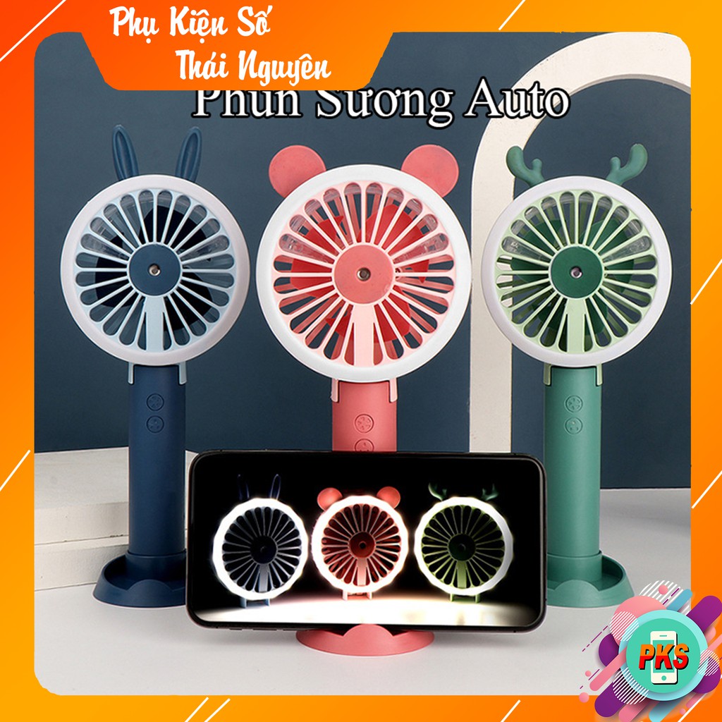 Quạt mini cầm tay Y9 Phun Sương Tự Động tặng bộ tai thay thế hình thú dễ thương pin sạc ,Có đế để bàn,đèn led