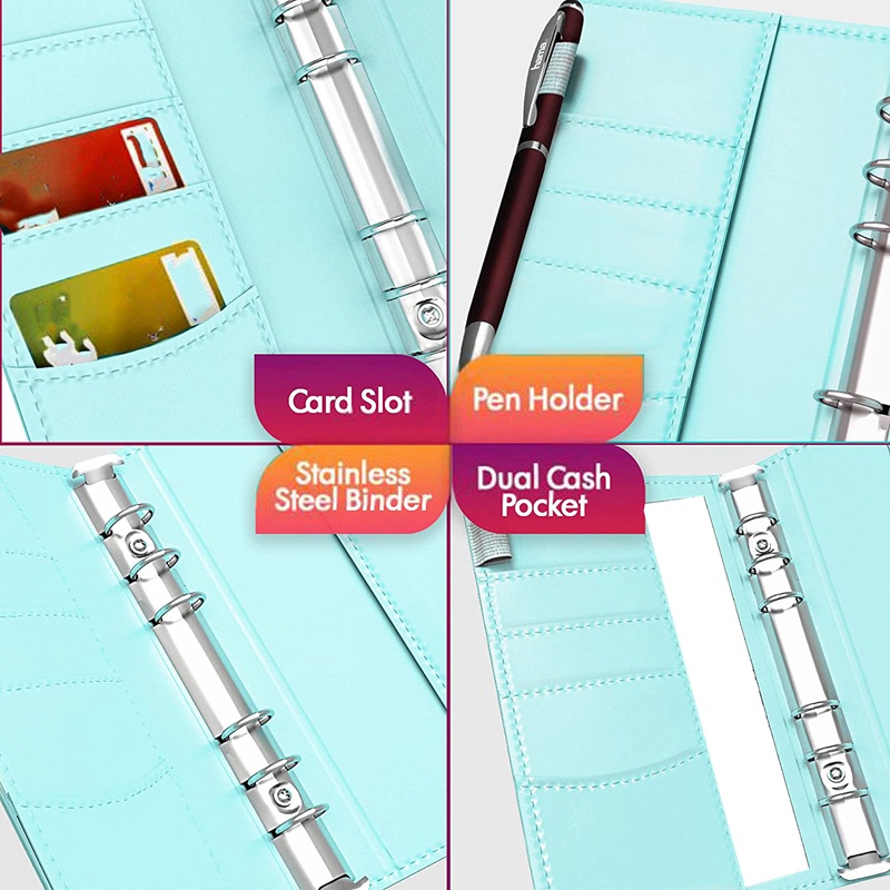 Set budget binder với túi bao khổ A6 có túi đựng tiền xu màu xanh lam