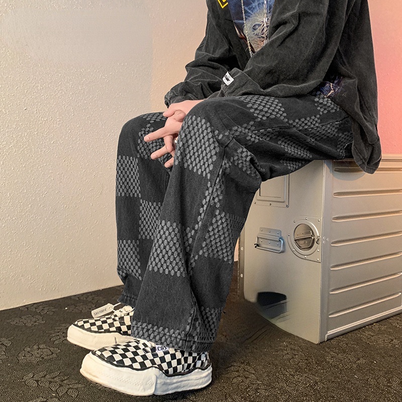 Quần jean ống rộng họa tiết sọc ca rô phong cách Hàn Quốc cá tính thời trang