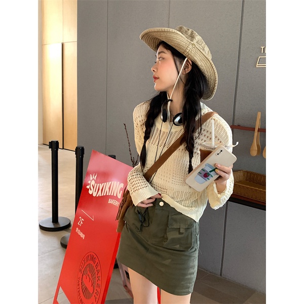 Áo QADCOL tay dài cổ tròn thiết kế rỗng phong cách dễ phối đồ thời trang mùa hè