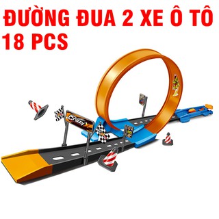 Đường đua xe ô tô gồm 18 chi tiết lắp ghép bằng nhựa đồ chơi trẻ em kèm 2 xe ô tô
