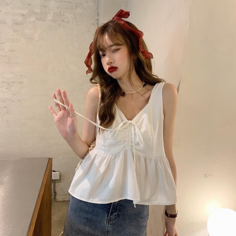 Áo Hai Dây Rút Dây Mùa Hè Phong Cách Cổ Điển Mẫu Mới Dành Cho Bạn Nữ 2021