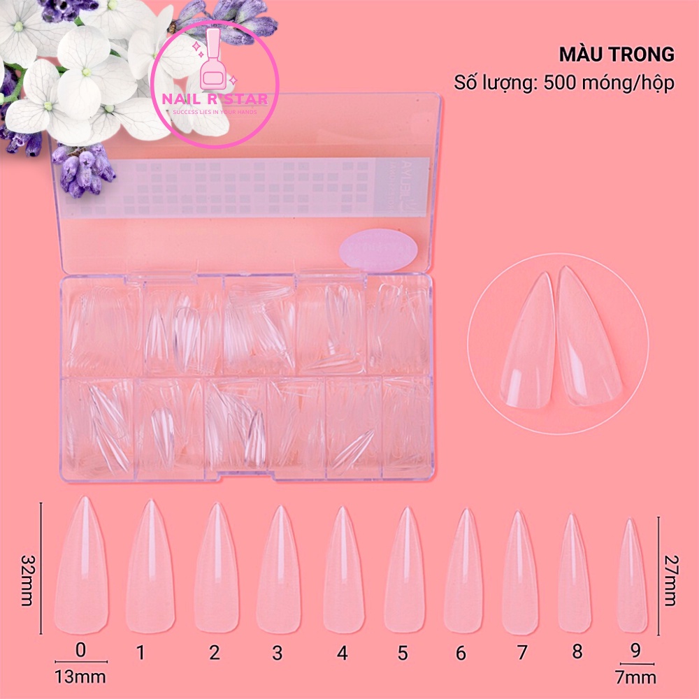 Móng úp phom nhọn Jieliya chính hãng - hộp 500 móng ốp nhựa dẻo phom đẹp đủ size không cần dũa NAIL R’STAR