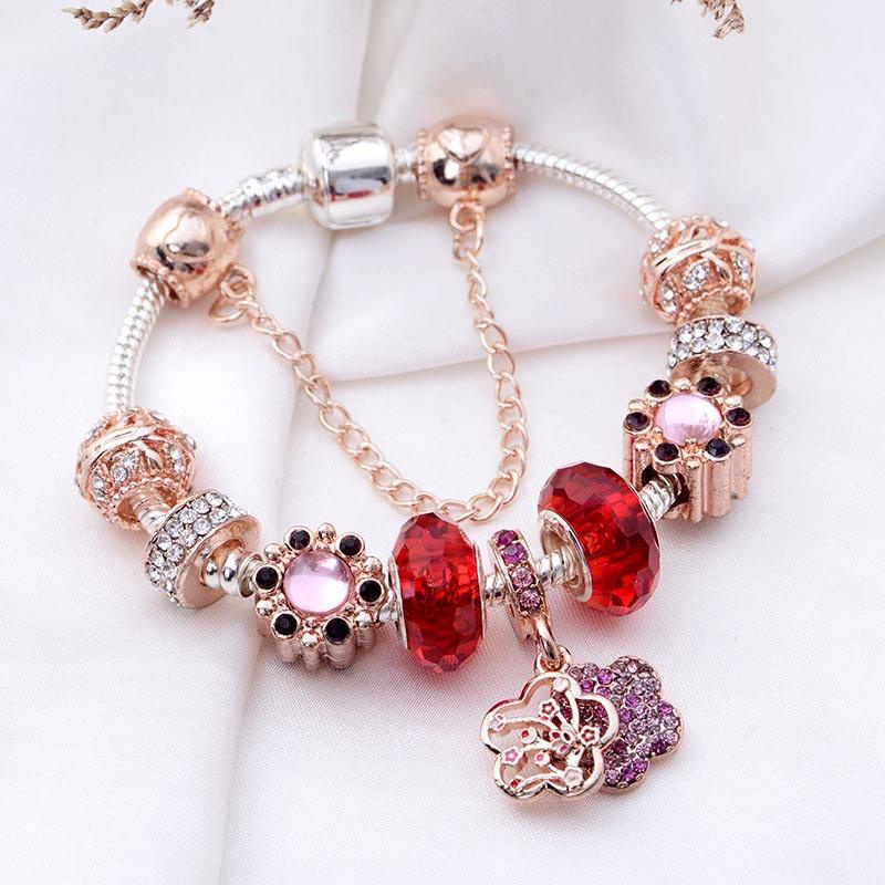 Pandora Vòng Tay Màu Vàng Hồng Đính Hạt charm Cỏ Bốn Lá Kim Cương Màu Đỏ Làm Quà Tặng Cho Nữ M