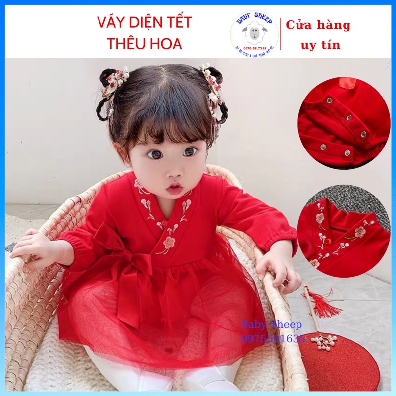 VÁY BODY ĐỎ CỔ THÊU HOA ĐÀO CHO BÉ GÁI DIỆN TẾT-HÀNG CAO CẤP LOẠI 1