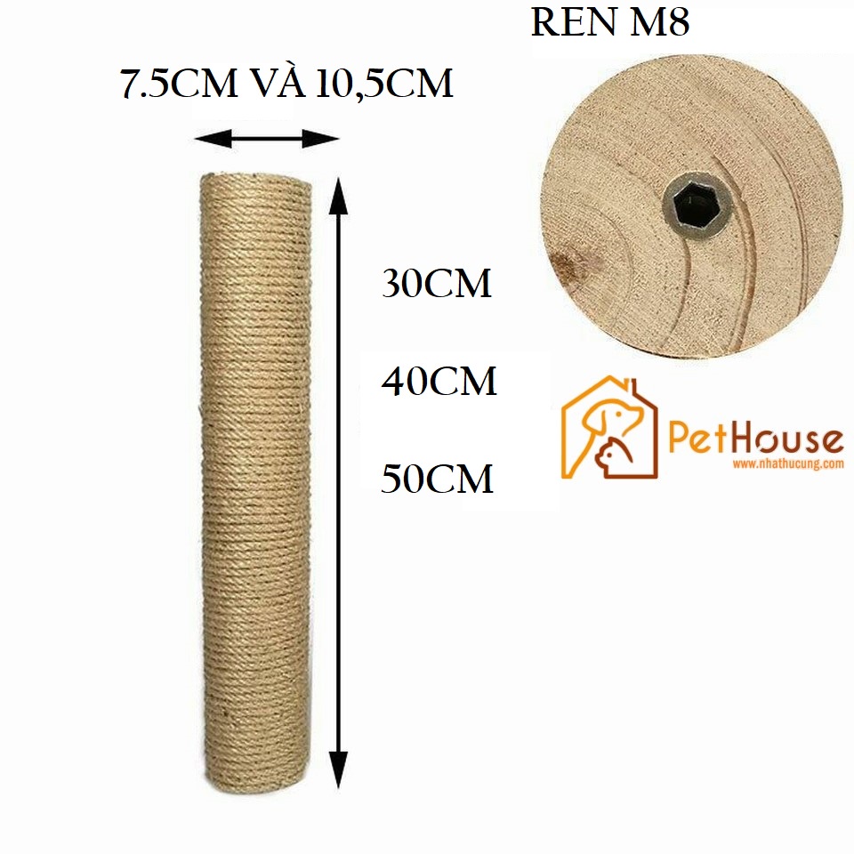 Trụ cào móng mèo thay thế nhiều kích thước lõi nhựa tiền phong đầu bịt plywood, dây thừng cói siêu bền