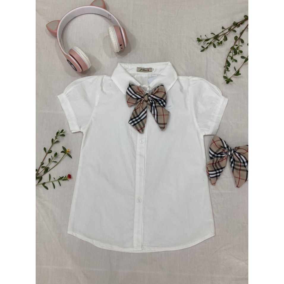 Áo sơ mi trắng học sinh tiểu học bé gái vải thô mềm thấm hút mồ hôi, có đính nơ ở cổ