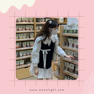 Set váy sơ mi cổ bánh bèo kèm gile thắt nơ