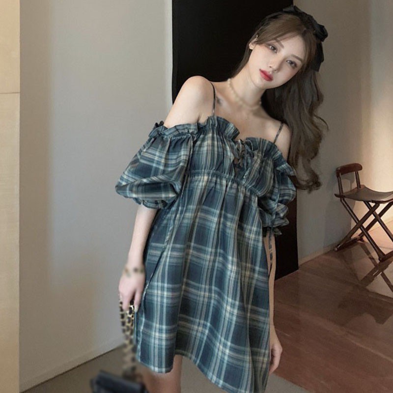 French Strap Off Shoulder Bubble Sleeve Fairy Retro Waist Check Dress | BigBuy360 - bigbuy360.vn