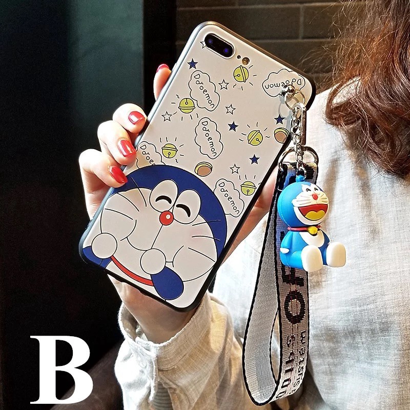 Ốp lưng  iPhone hình Doraemon có dây móc tay cho 6 6S 7 8 Plus X