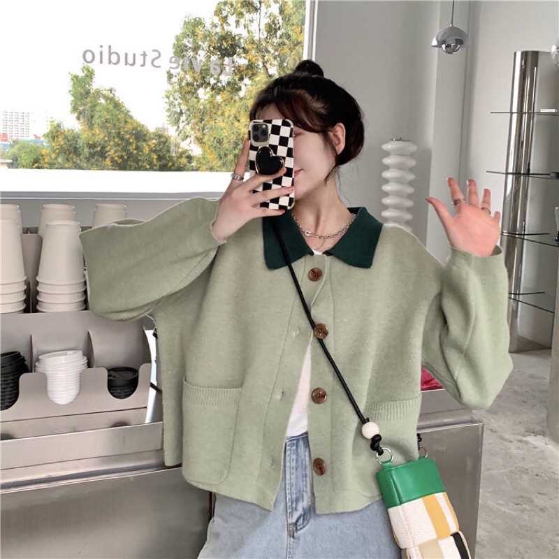 ÁO LEN CARDIGAN CROPTOP CỔ POLO MÀU XANH CÓ BIGSIZE